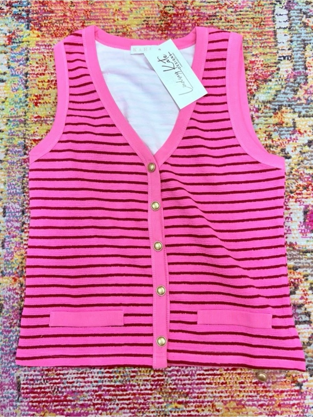 Karlie Pink Stripe Knit Sleeveless Vest with Gold Button Closure